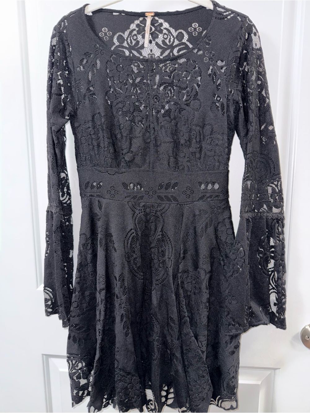 Free People Black Lace Fit & Flare Long-Sleeve Dress